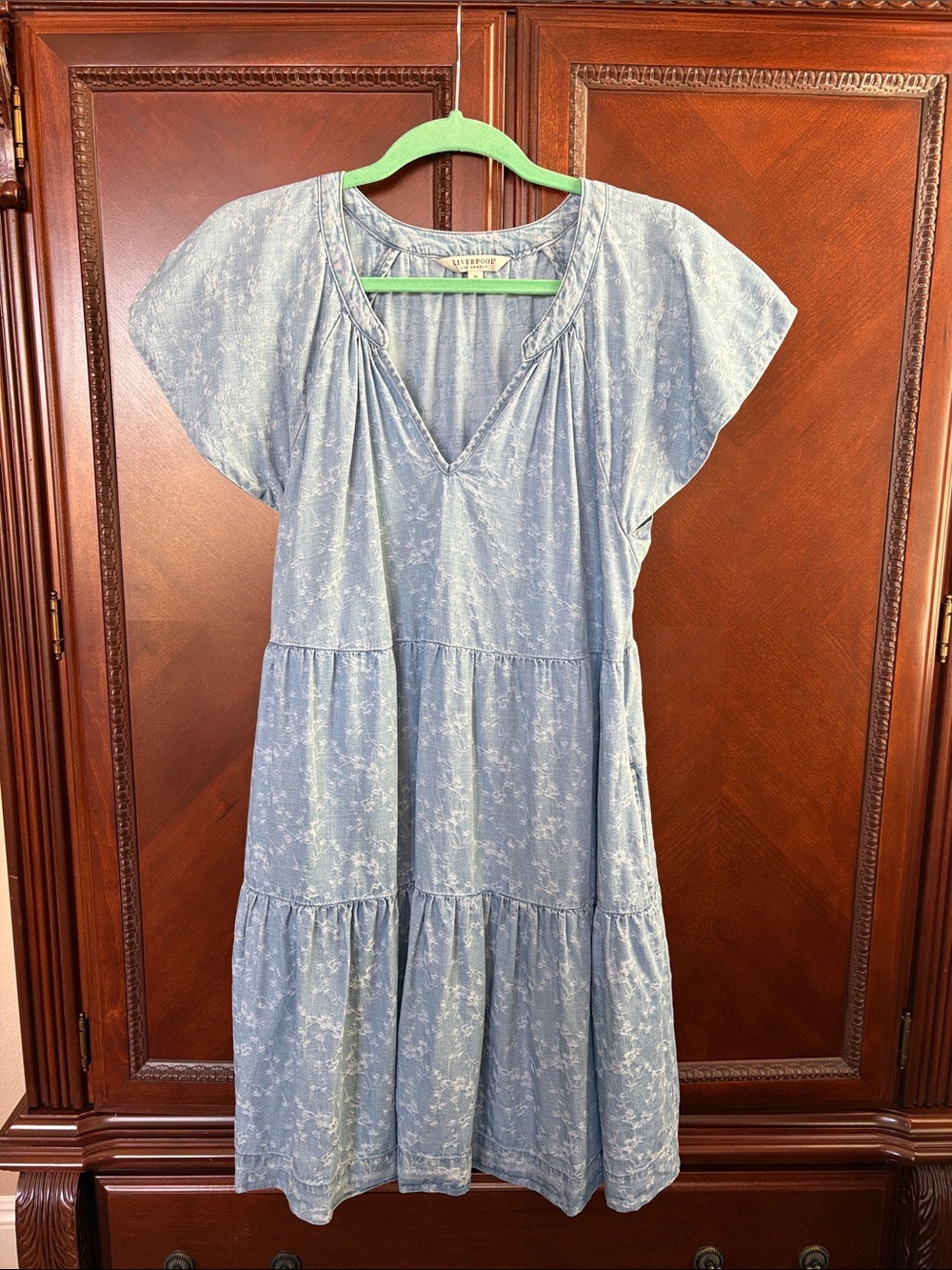 Liverpool Light Blue Floral Tiered V-Neck Midi Dress